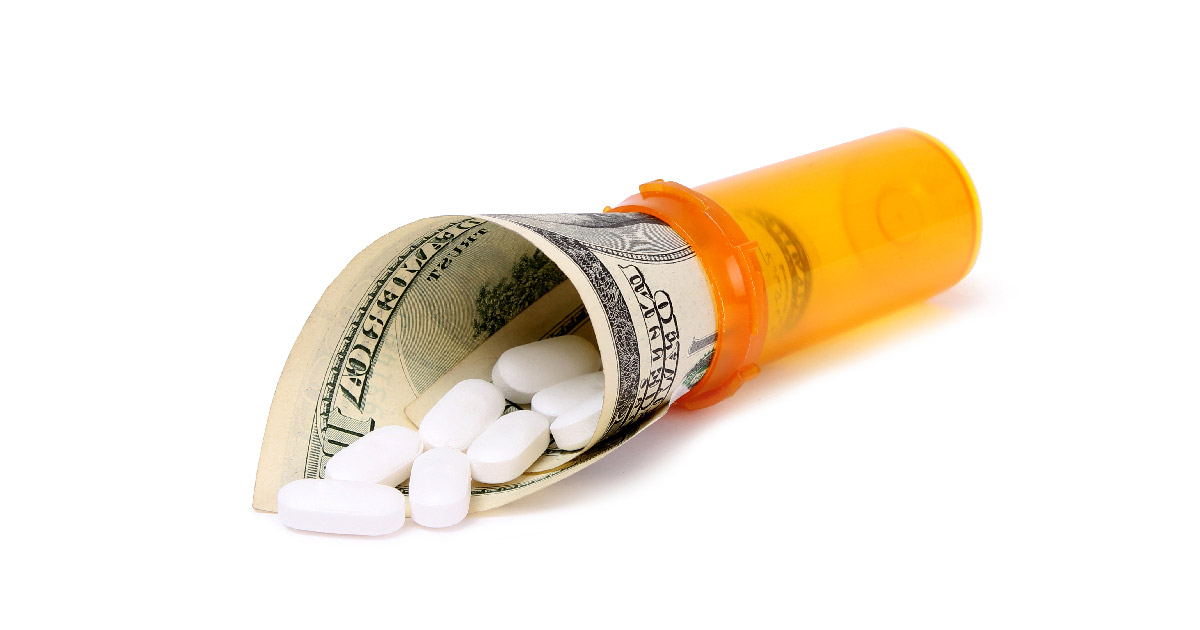 Pill bottle with money pouring out