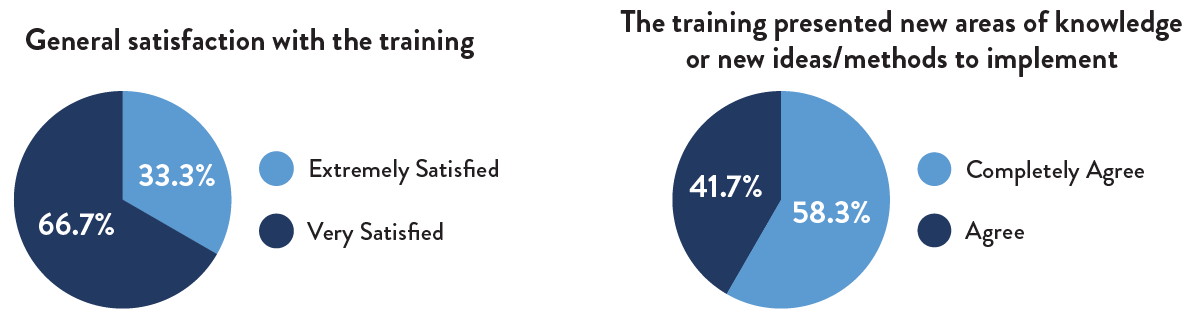 Satisfaction with training/areas of knowledge pie charts