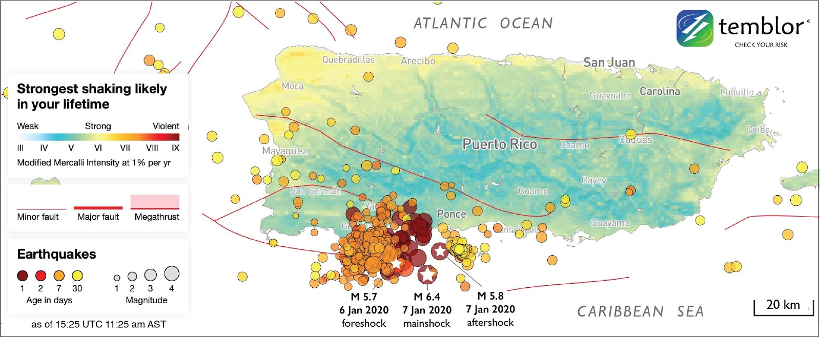 Thematic map of current seismic activity in Puerto Rico