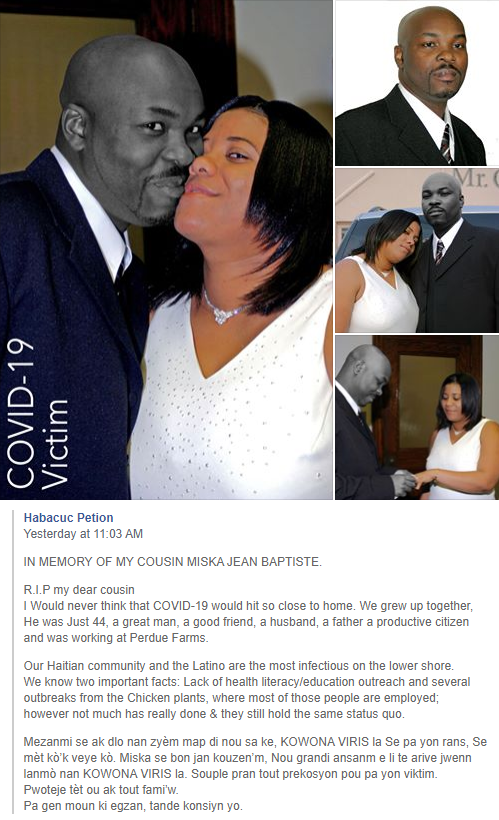 A facebook post by Habacuc Petition on the COVID-19 related death of his cousin, Post by Habacuc Petition on the COVID-19 related death of his cousin, Miska Jean Baptiste 