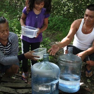 Family gathers water in the forest