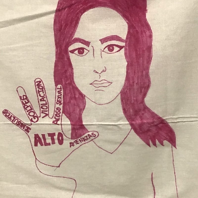 Example of bandana drawing featuring woman holding out her hand